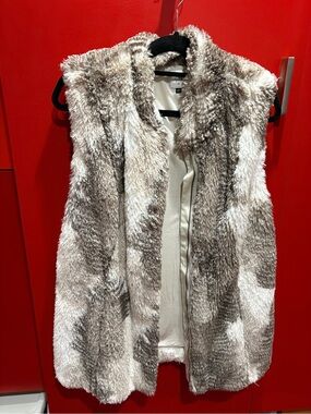 CAbi Faux Fur Vest in Cream and Brown